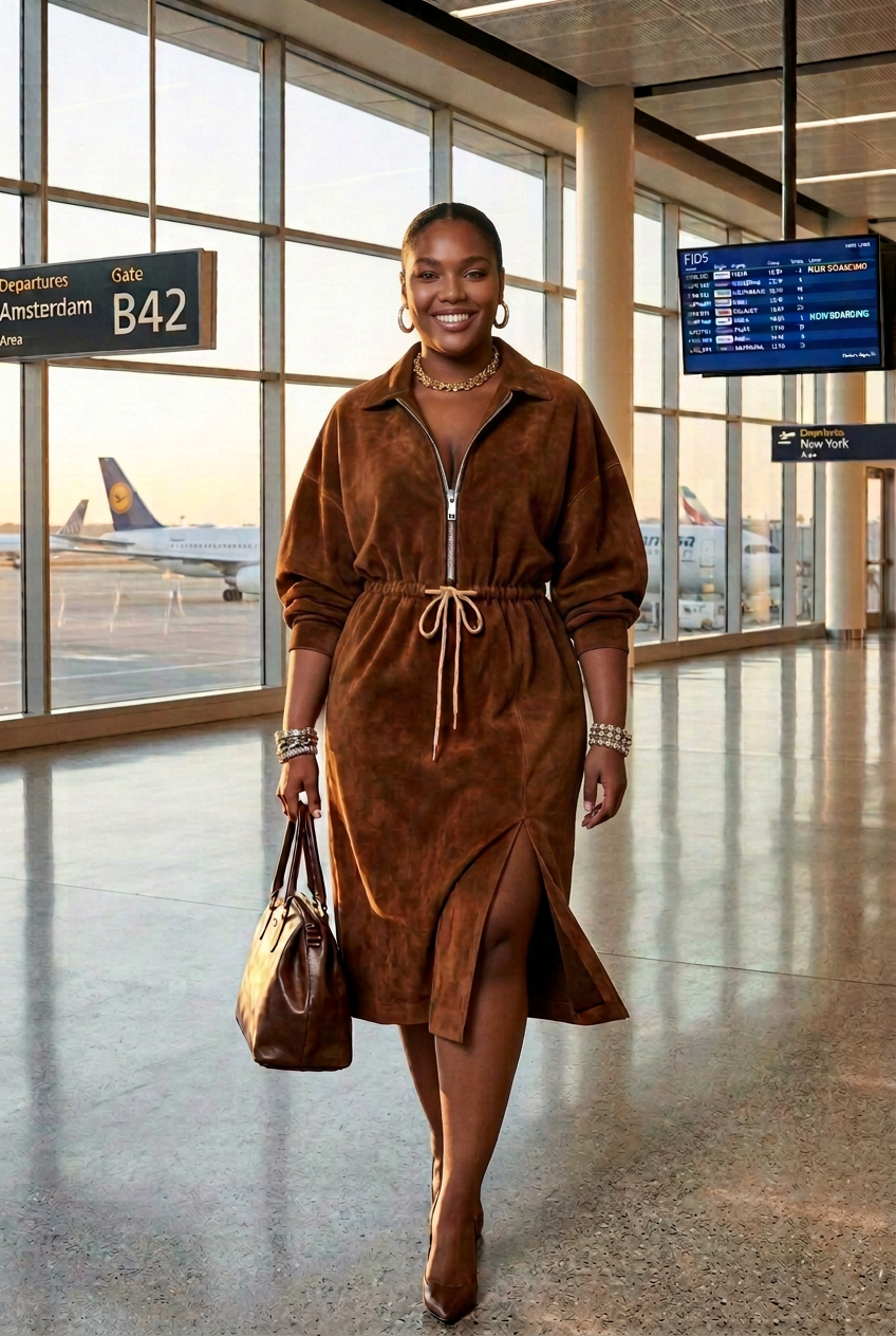 Zip-Front Drawstring Midi Dress with Slit in Brown or Black