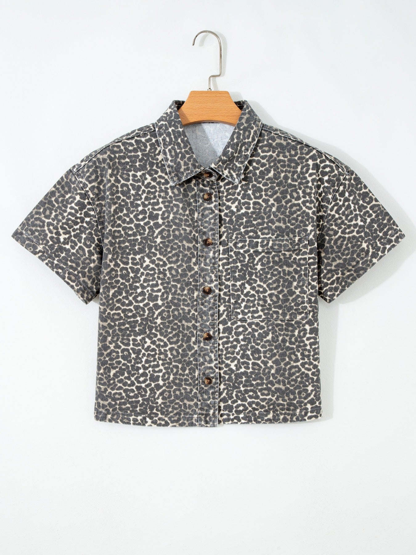 Leopard Print Short Sleeve Denim Shirt