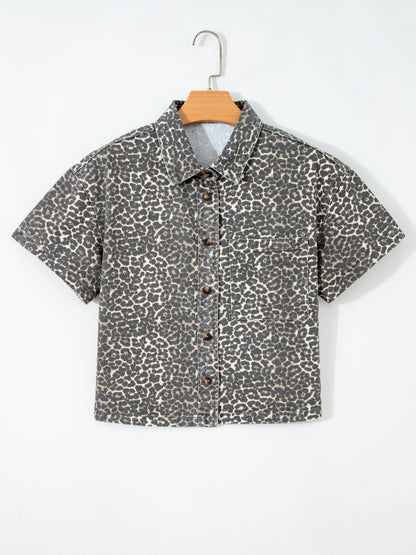 Leopard Print Short Sleeve Denim Shirt