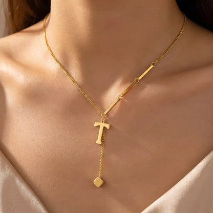 Gold Y-Drop Initial Necklace with Cube Charm