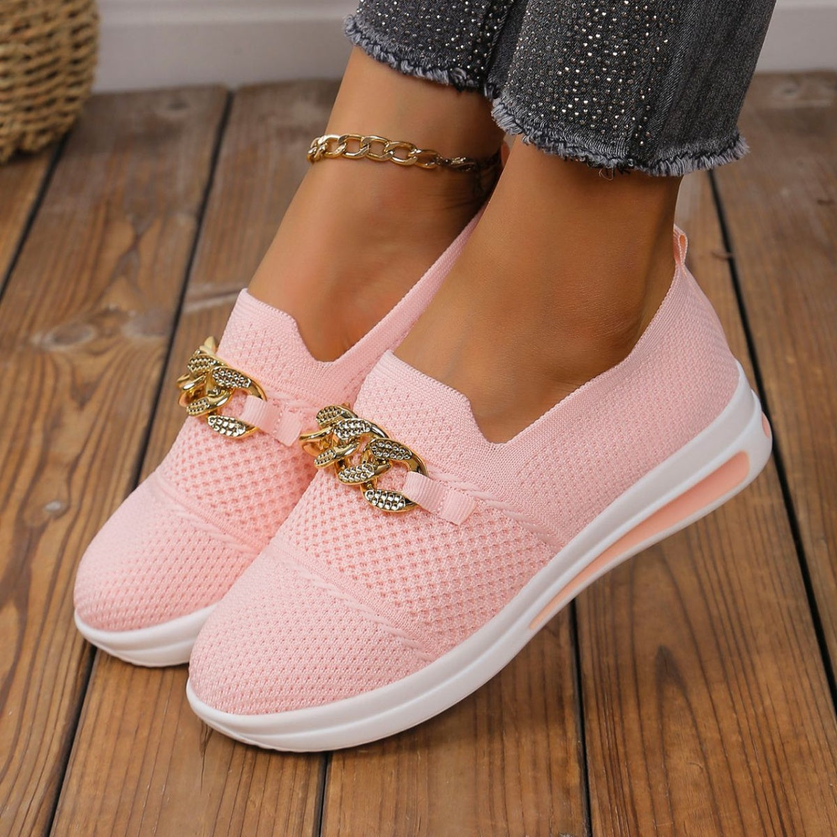 Chain Detail Round Toe Slip-Ons