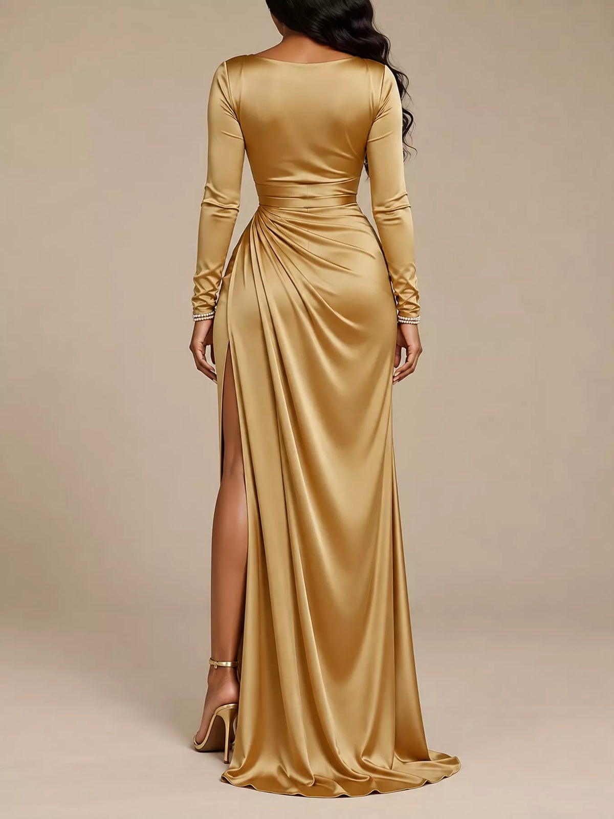 Women's Satin Cowl Neck Bodycon Dress with High Slit