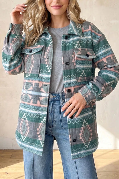 Geometric Print Button Front Long Sleeve Shacket