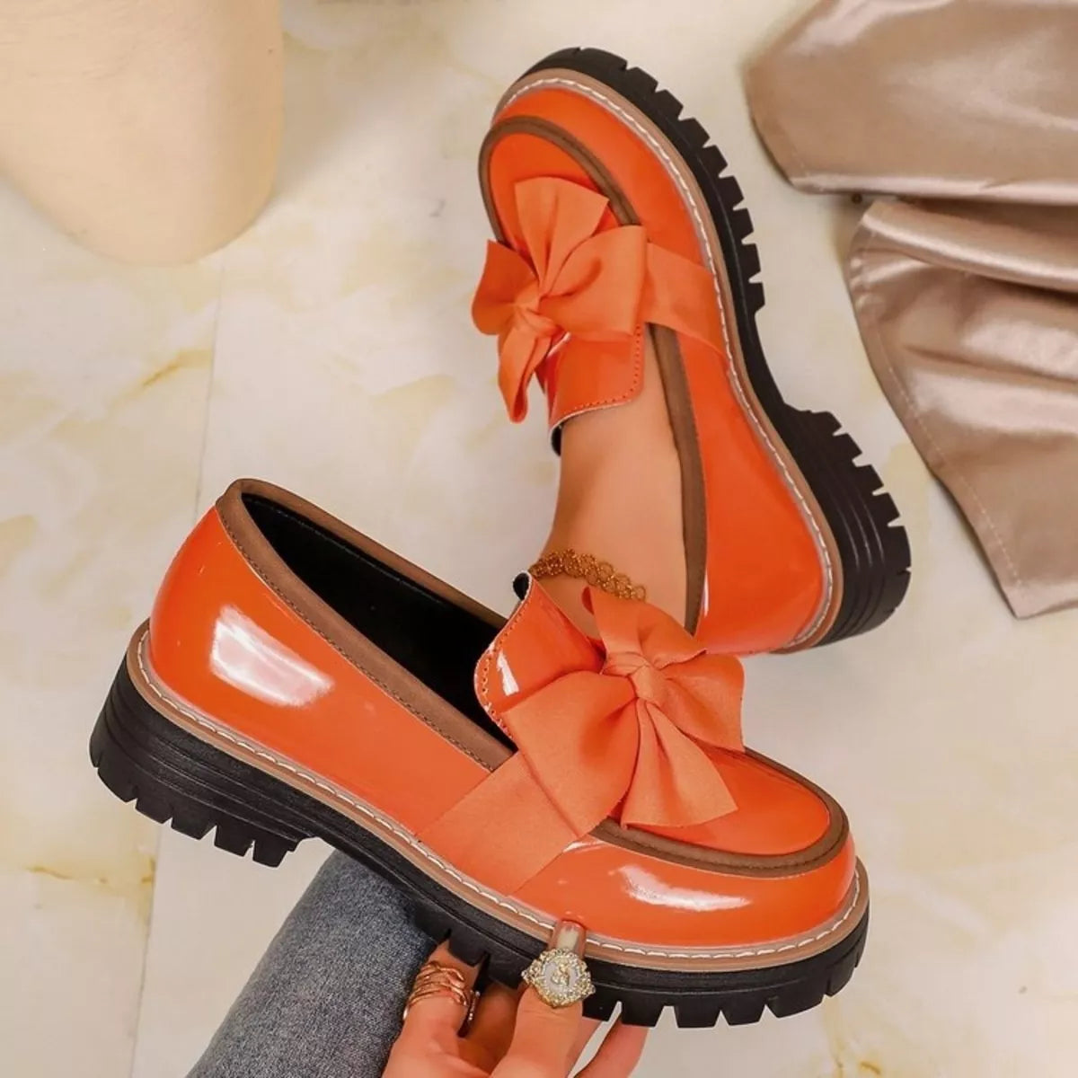 Round toe bow loafers, view 5
