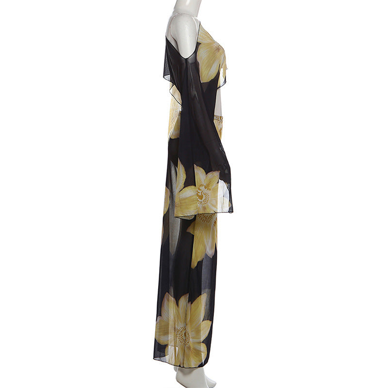 One shoulder crop top, high waisted drawstring printed long skirt