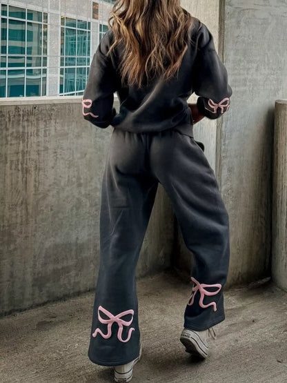 Bow and Heart Dropped Shoulder Hoodie and Pants Set