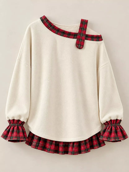 Plaid ruffled hem sweatshirt, view 4