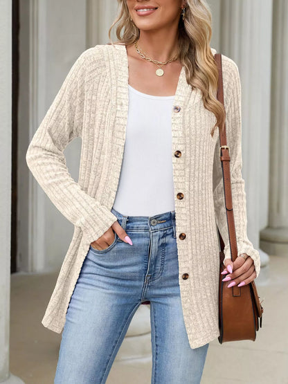 Ribbed Knit Hooded Button-Down Cardigan