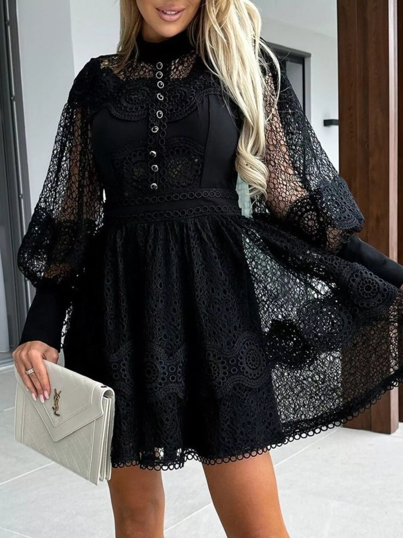 Lace Lantern Sleeve Mini Dress