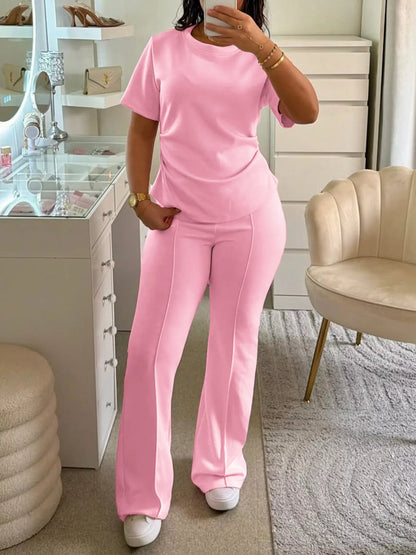 Round Neck Short Sleeve Top and Pants Set