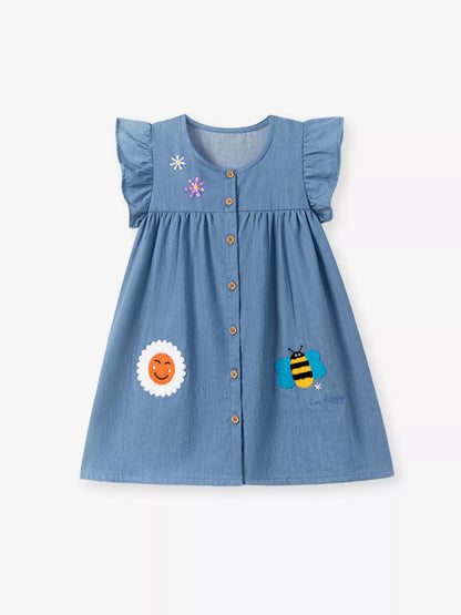 Children's Button Front Ruffle Sleeve Denim Dress