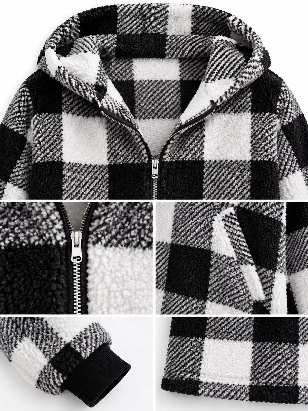 Plaid sherpa hooded zip-up jacket, view 3