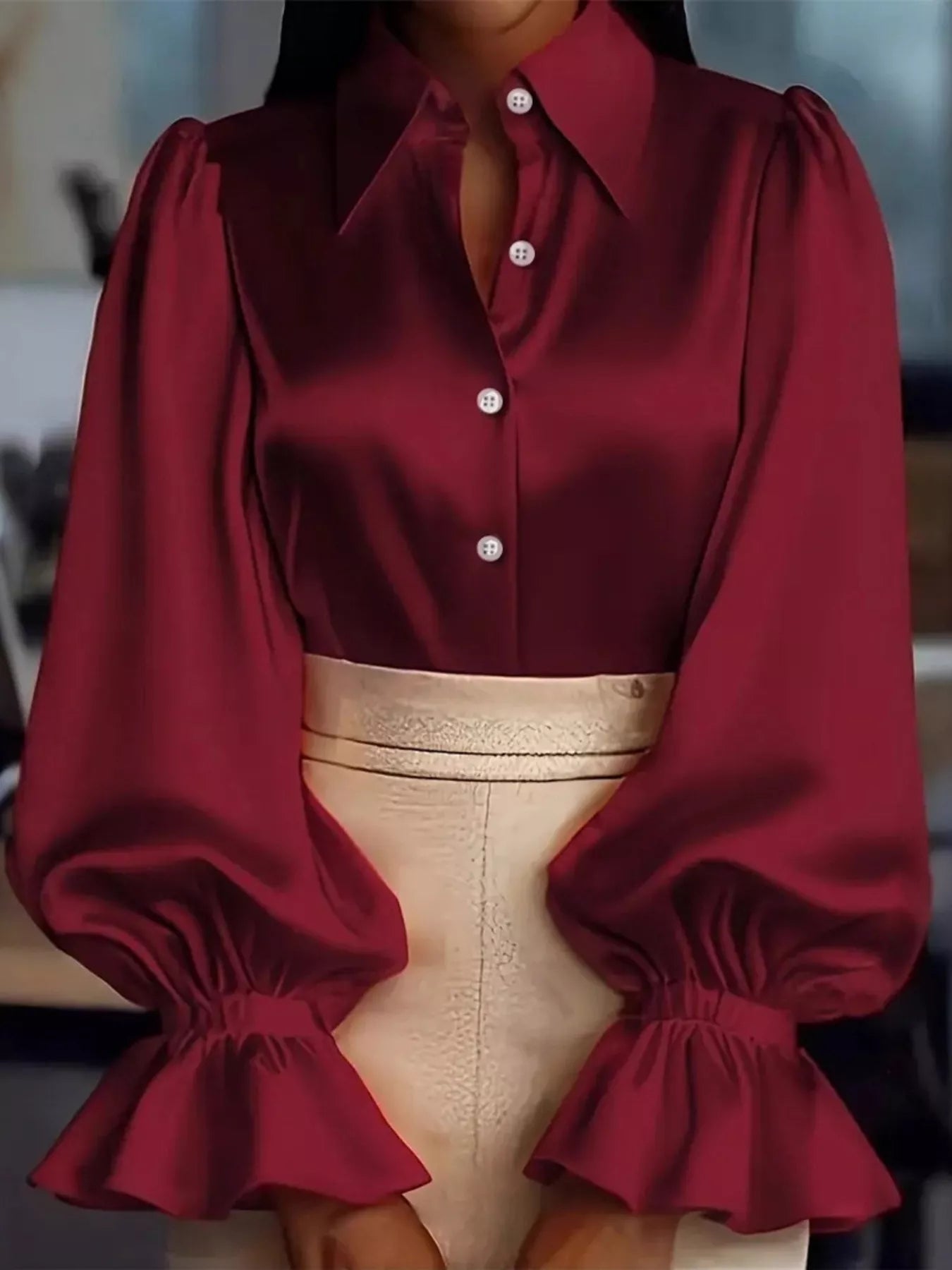 Satin Button Up Flounce Sleeve Shirt