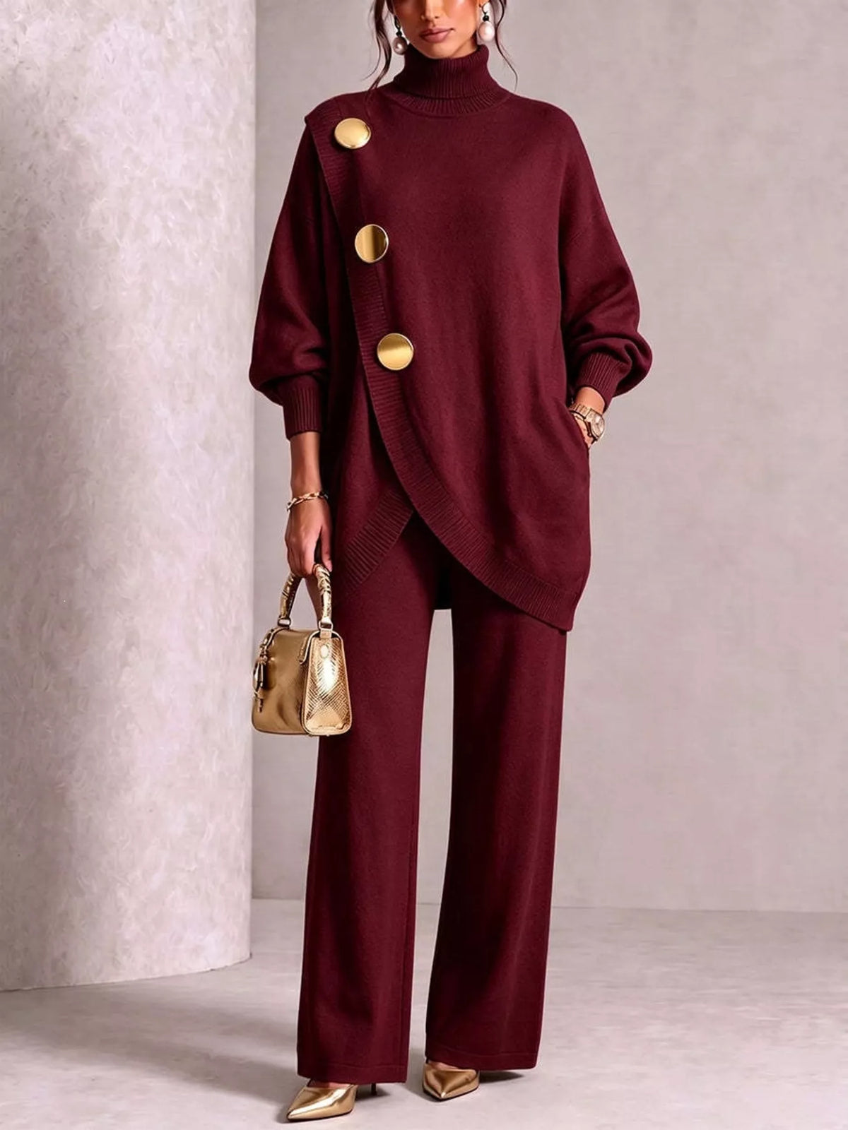 Turtleneck asymmetric sweater and pants set, view 13