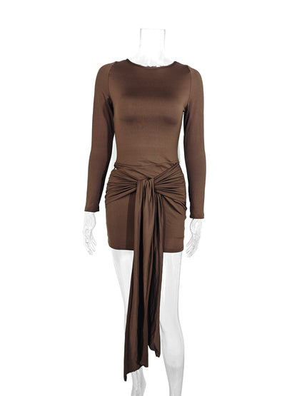 Round-neck tie-up cut-out bodycon skirt