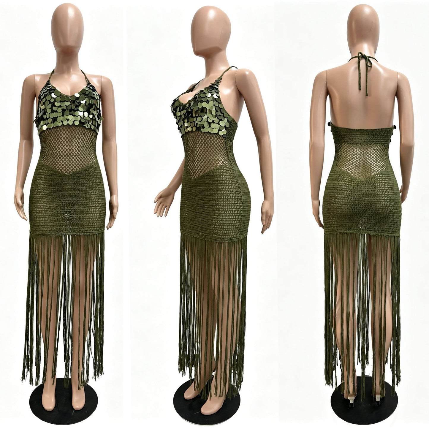 Knitted hand hook perspective sequin fringe strap beach skirt