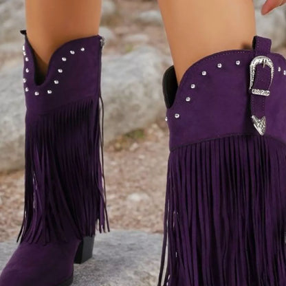 Fringe Round Toe Block Heels Boots