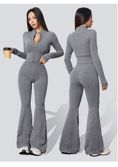 External threaded zipper yoga suit set
