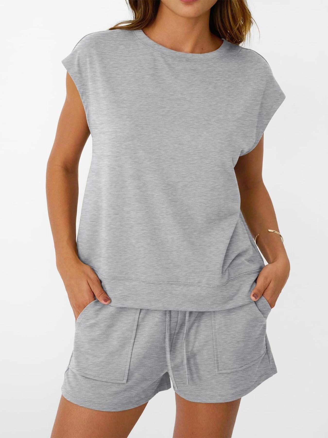 Round Neck Cap Sleeve Top and Shorts Set