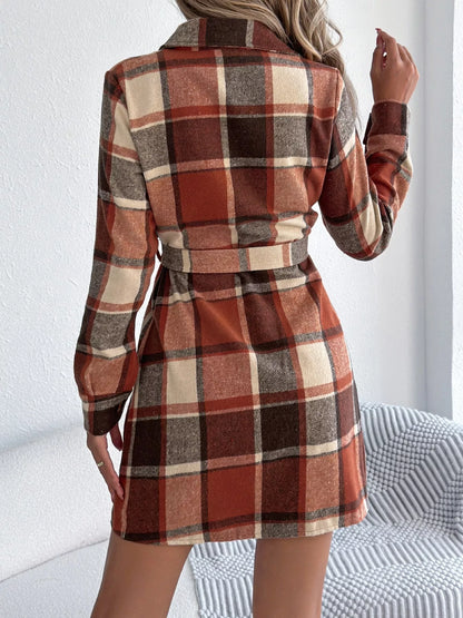 Plaid Button Front Tie Waist Shirt Dress
