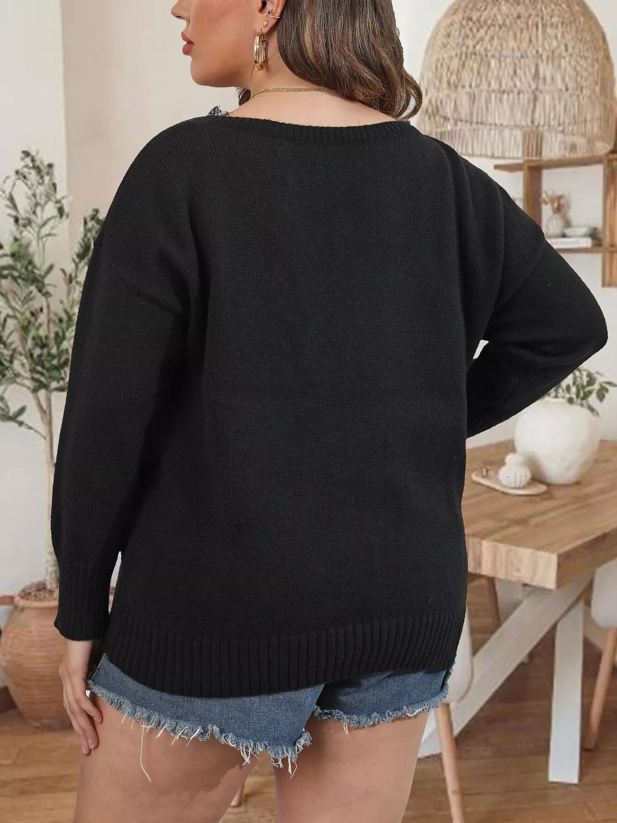 Plus Size Lace Trim V-Neck Sweater