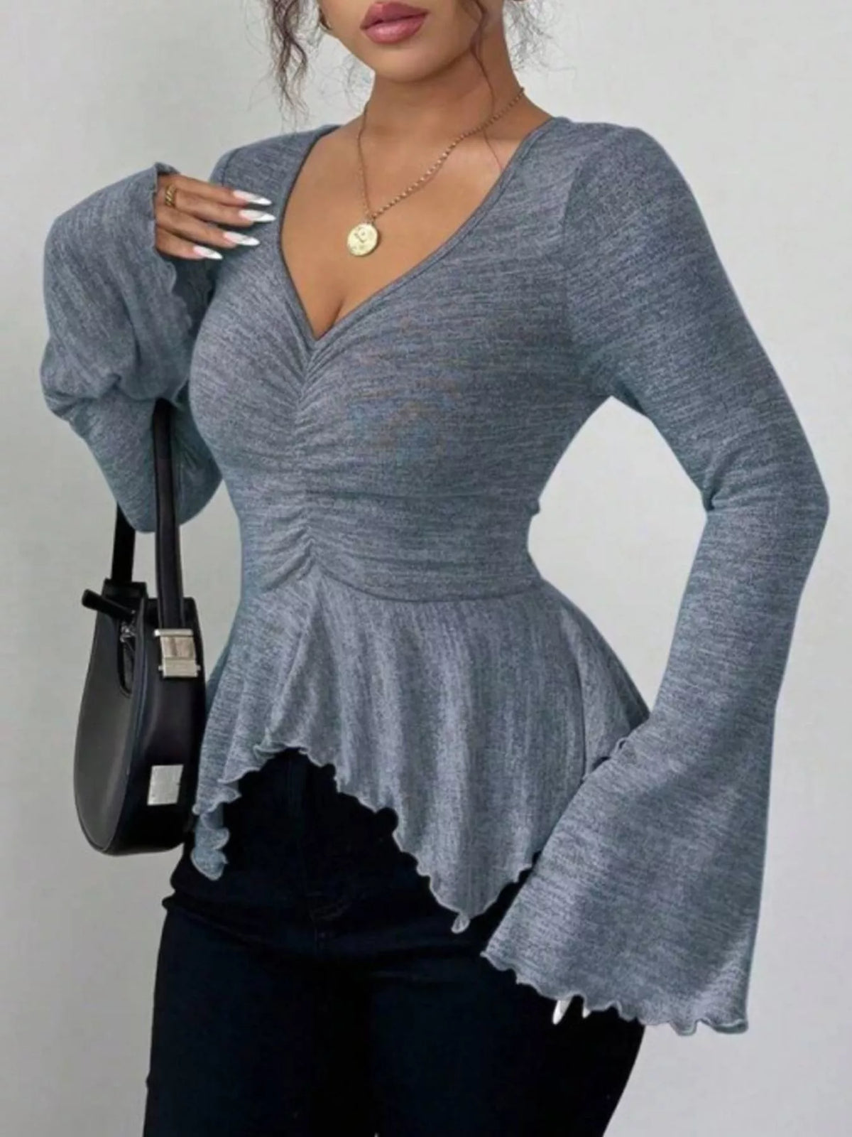 Ruched Flared Sleeves Peplum Top