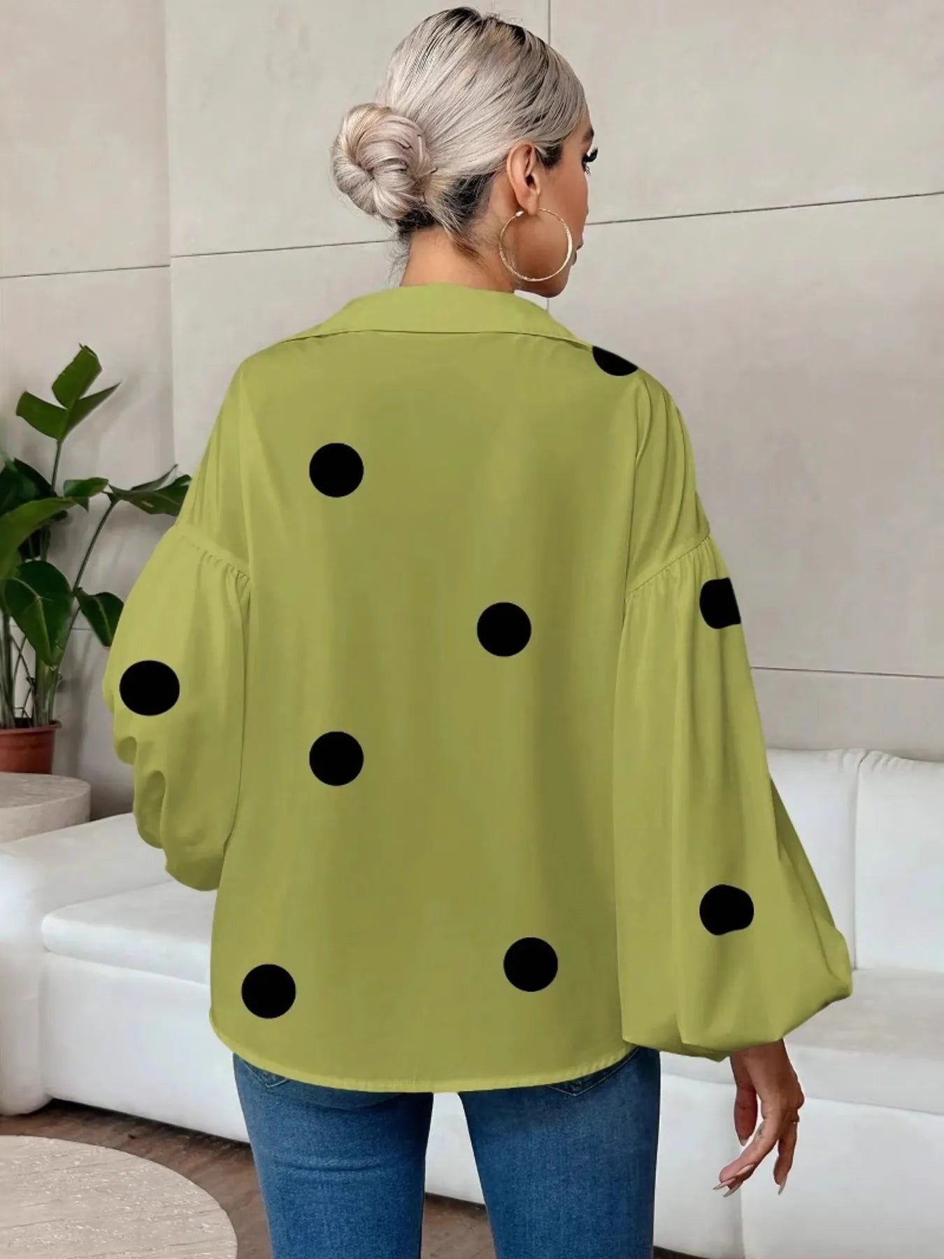 Polka Dot Balloon Sleeve Blouse
