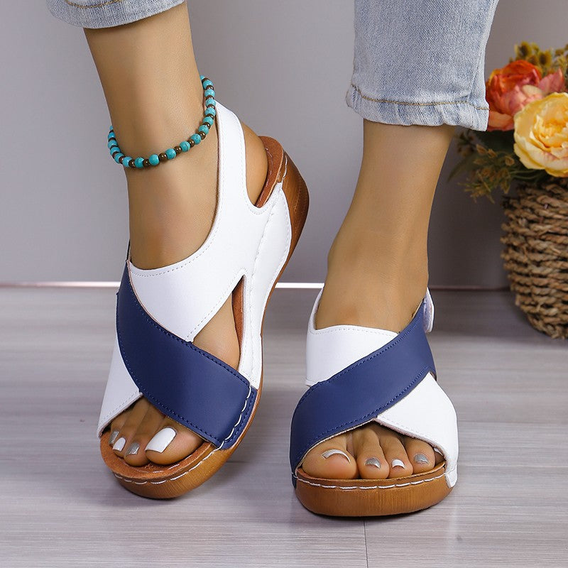 Crisscross wedge sandals in blue and white