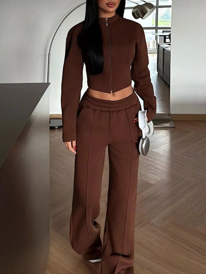 Zip-Up Crop Jacket and Wide-Leg Pants Set