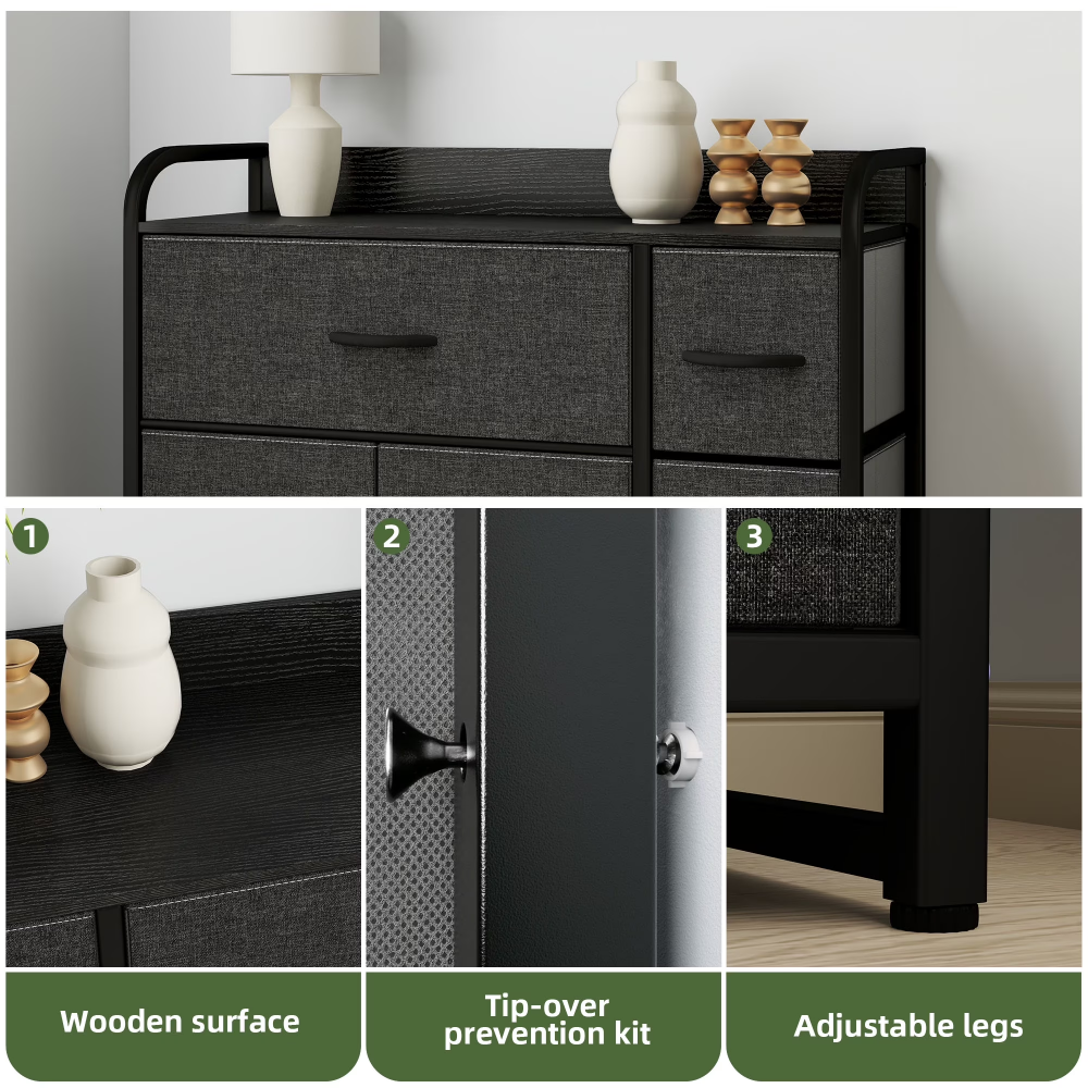 7-Drawer Black-Gray Fabric Dresser