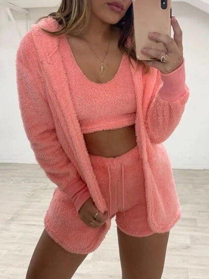 Full Size Fuzzy Tank, Cardigan and Shorts Set Plus Size