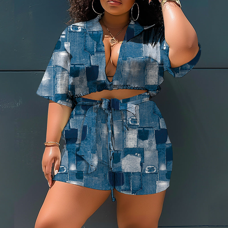 Two Piece Printed plus Size Shorts Set