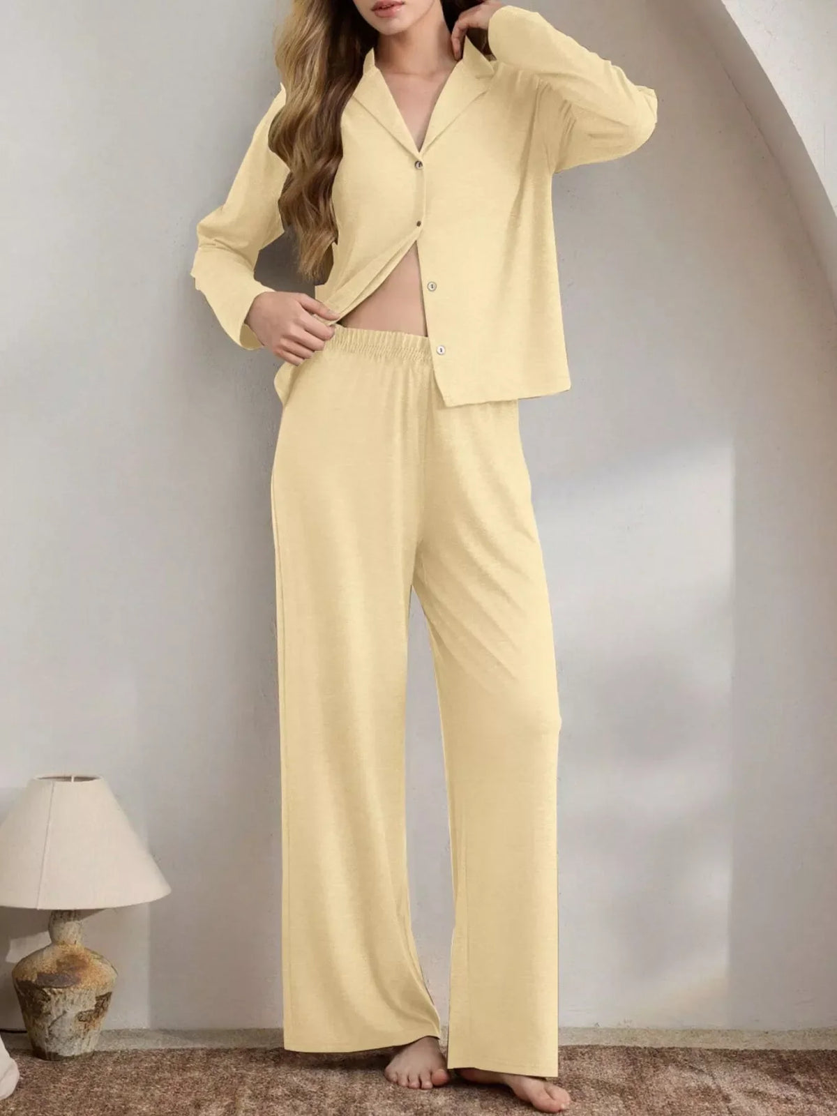 Button-Down Top and Wide-Leg Pants Lounge Set
