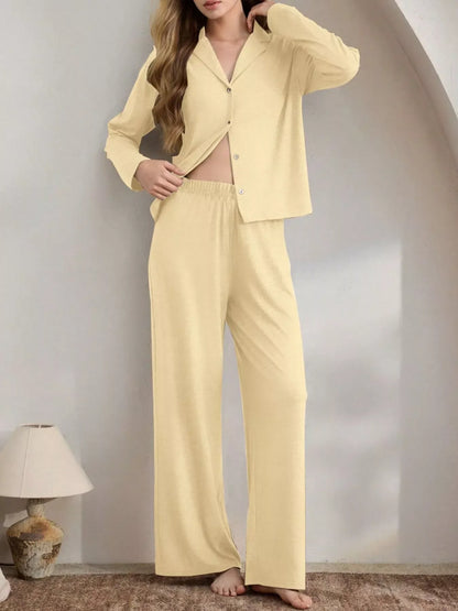 Button-Down Top and Wide-Leg Pants Lounge Set