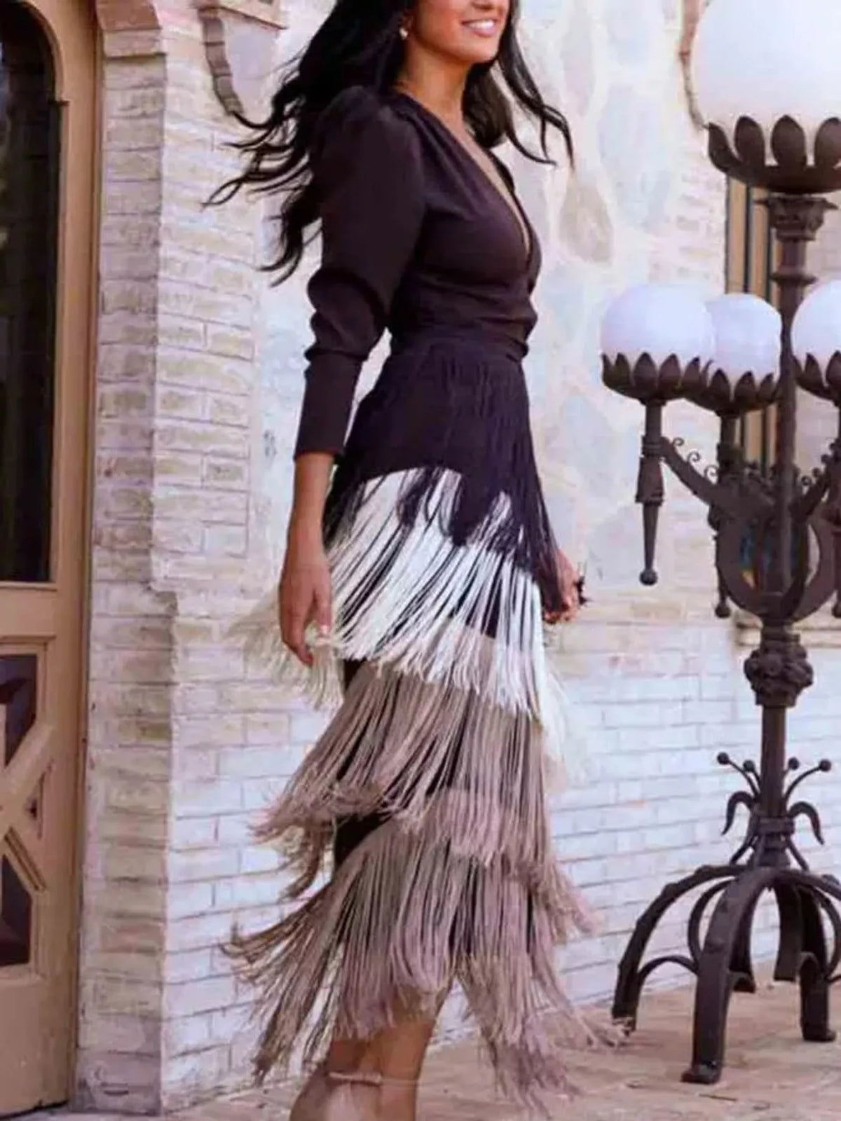 Fringed V-neck puff sleeve dress, view 17