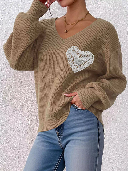 Lace Heart Dropped Shoulder Sweater