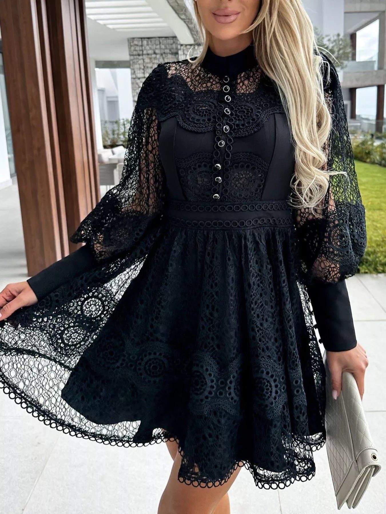 Lace Lantern Sleeve Mini Dress