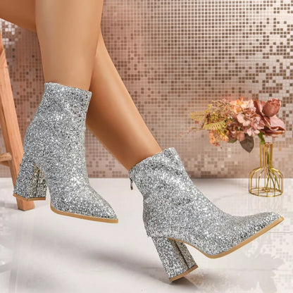 Sequin Point Toe Block Heels Boots