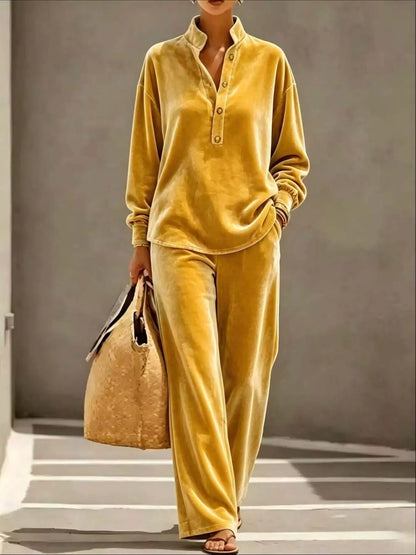 Plus Size Half Button Top & Wide Leg Pants Set