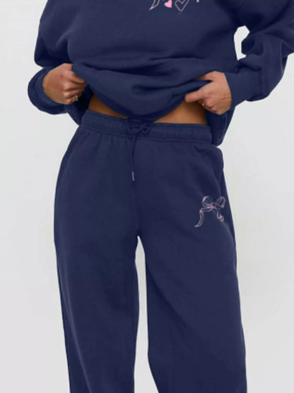 Bow and Heart Dropped Shoulder Hoodie and Pants Set