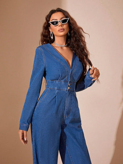 Plunge Wide Leg Denim Jumpsuit