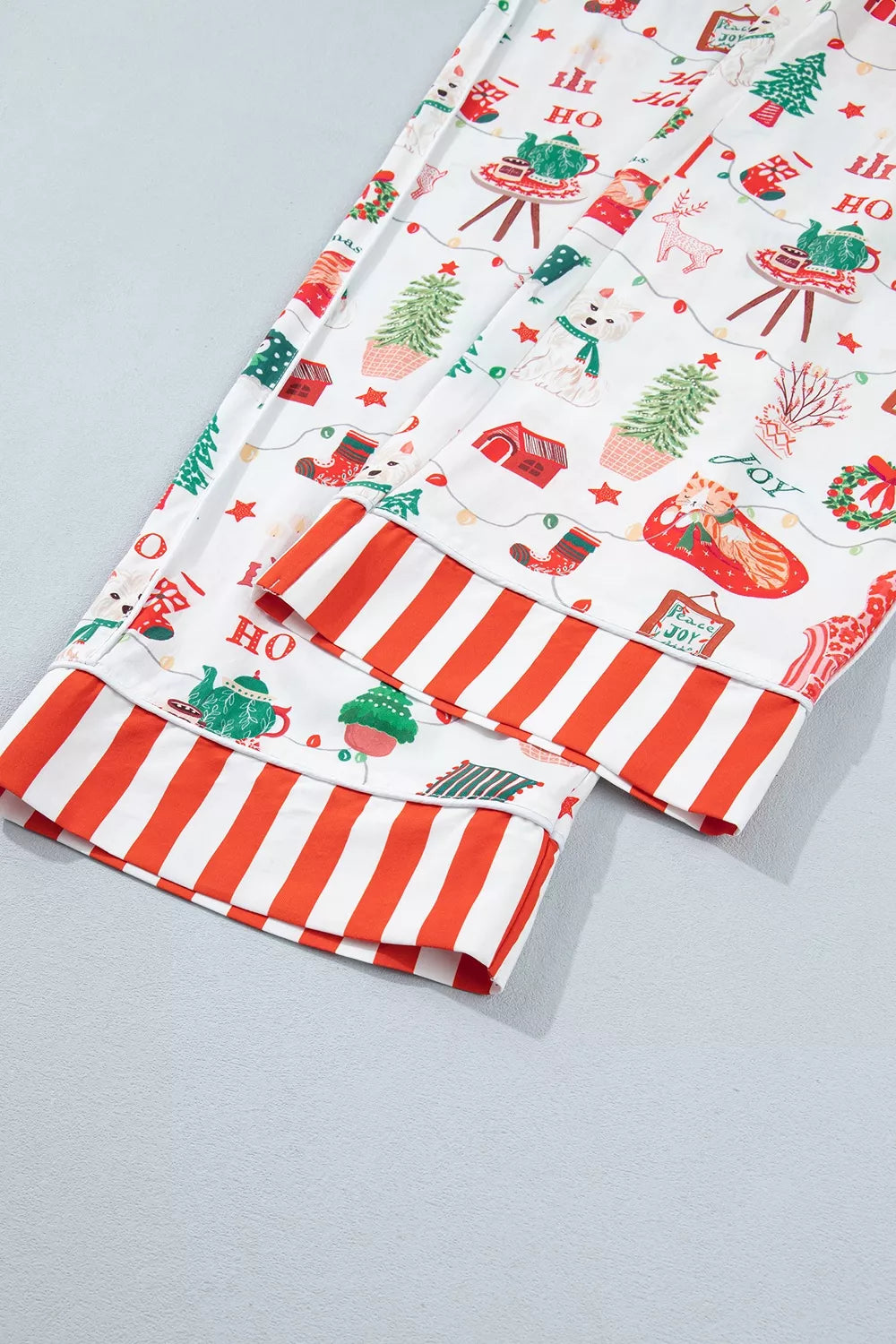 Holiday print pajama set with striped trim, view 15