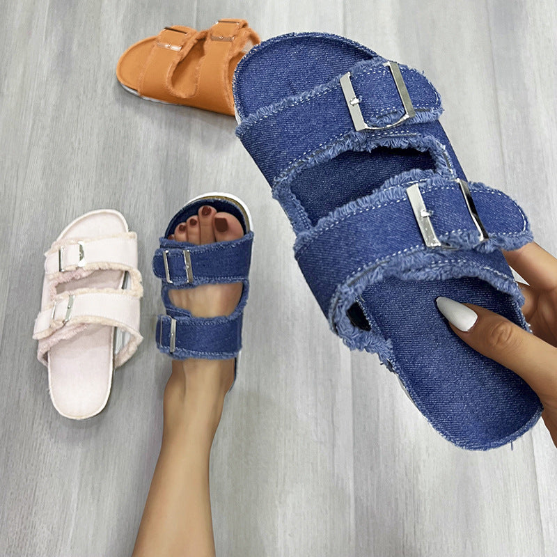 Raw hem canvas double buckle flat sandals in 4 colors
