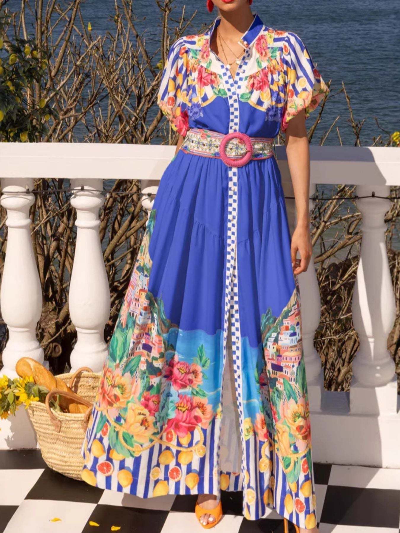 Printed Button Front Puff Sleeve Dress