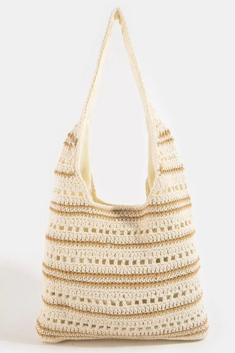 Striped crochet straw shoulder tote in ivory