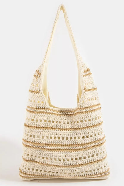 Striped crochet straw shoulder tote in ivory