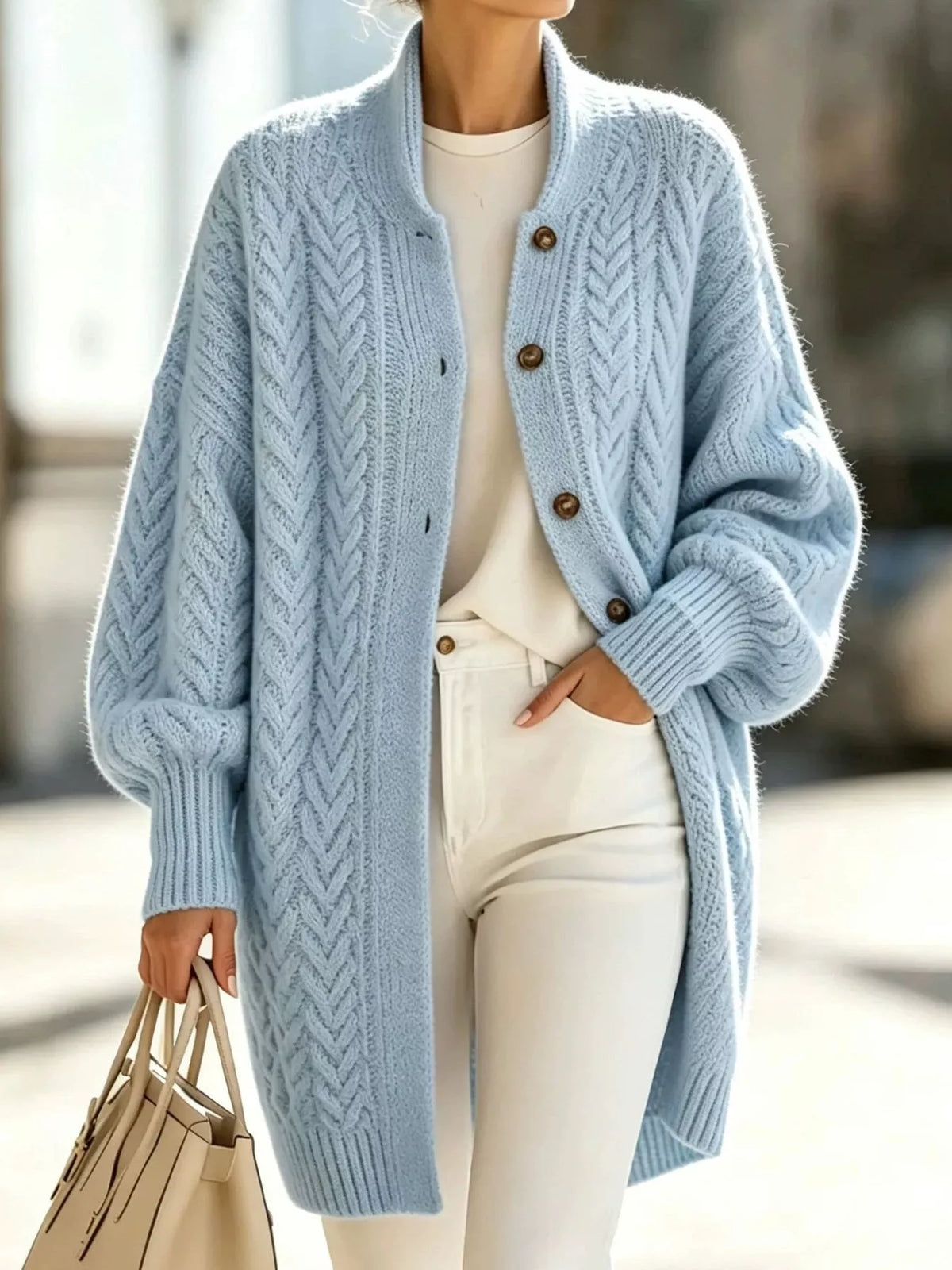 Cable knit button cardigan, view 3