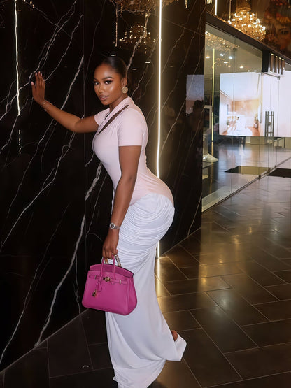 Short sleeved slanted pleated long dress