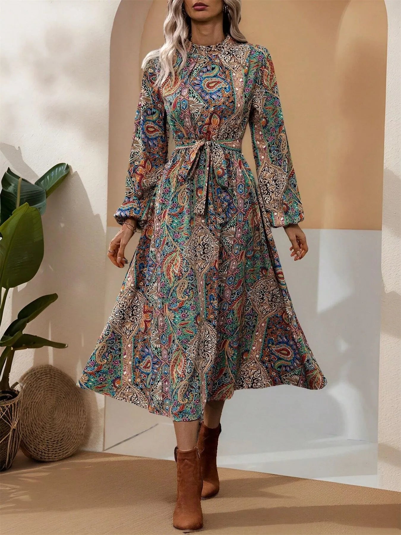 Paisley Print Long Sleeve Midi Dress