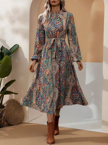 Paisley Print Long Sleeve Midi Dress